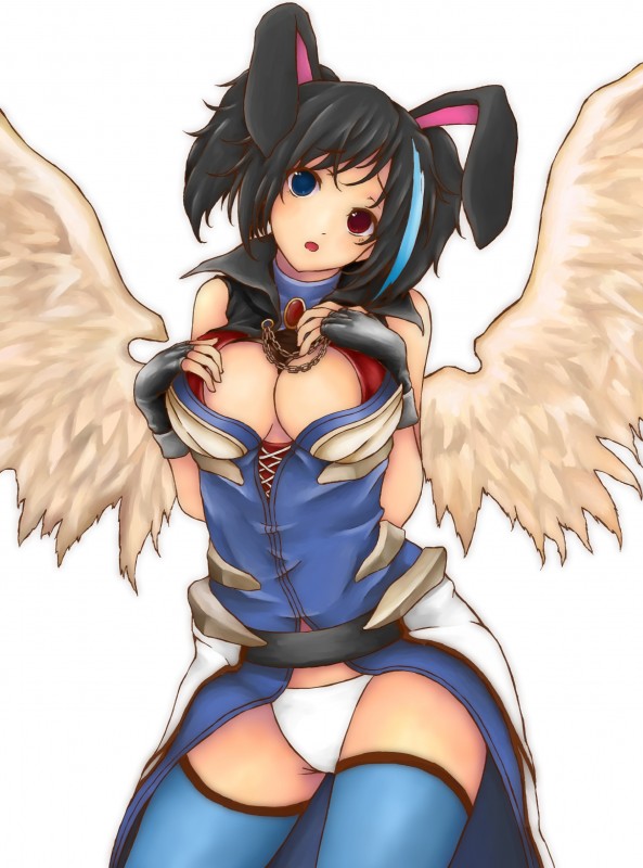 big_breasts black_hair blue_eyes breasts cleavage clothed clothing feathered_wings feathers female hair heterochromia long_ears looking_at_viewer open_mouth pose red_eyes simple_background solo underwear white_background wings kaede1058 angel angel_humanoid animal_humanoid humanoid lagomorph lagomorph_humanoid leporid_humanoid mammal mammal_humanoid rabbit_humanoid skvader winged_humanoid absurd_res hi_res portrait three-quarter_portrait