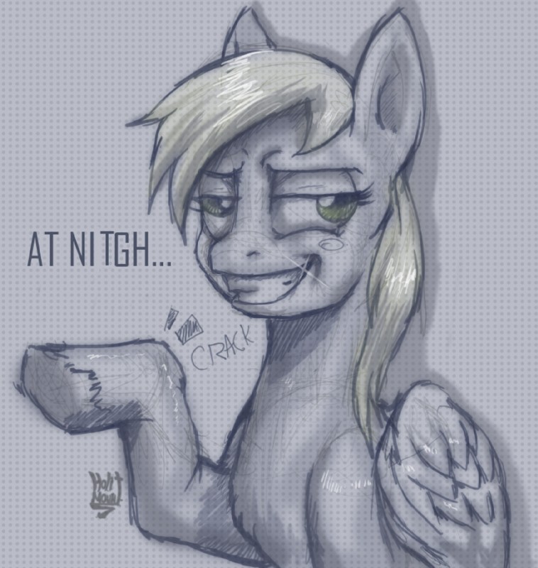 derp_eyes dialogue feathered_wings feathers female feral grey_body grey_feathers smile solo text wings holimount friendship_is_magic hasbro my_little_pony mythology derpy_hooves_(mlp) equid equine mammal mythological_creature mythological_equine pegasus 2011 english_text