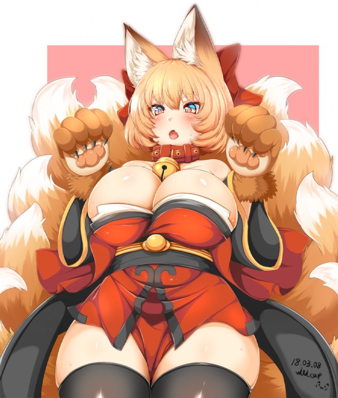 9_tails accessory arm_tuft asian_clothing bell bell_collar big_breasts blonde_hair blush bow_(feature) bow_accessory bow_ribbon breasts centered_hair_bow claws cleavage clothed clothing collar cosplay crossover_cosplay dipstick_ears dipstick_tail ear_markings east_asian_clothing female fluffy fluffy_tail fully_clothed hair hair_accessory hair_bow hair_ribbon inner_ear_fluff japanese_clothing kimono legwear light_body light_skin looking_at_viewer markings multi_tail multicolored_ears multicolored_tail open_mouth pawpads ribbons solo standing tail tail_markings thick_thighs thigh_highs tongue tuft wrist_tuft yellow_eyes wildcatf14 fate_(series) touhou type-moon berserker_tamamo_cat caster_tamamo-no-mae ran_yakumo animal_humanoid canid canid_humanoid canine canine_humanoid fox_humanoid humanoid mammal mammal_humanoid crossover