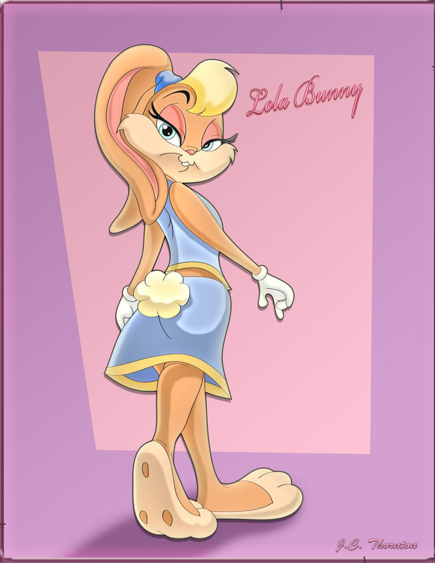 anthro barefoot blonde_hair blue_eyes clothing cotton_tail dress feet female hair looking_at_viewer looking_back simple_background solo jcthornton looney_tunes warner_brothers lola_bunny lagomorph leporid mammal rabbit hi_res