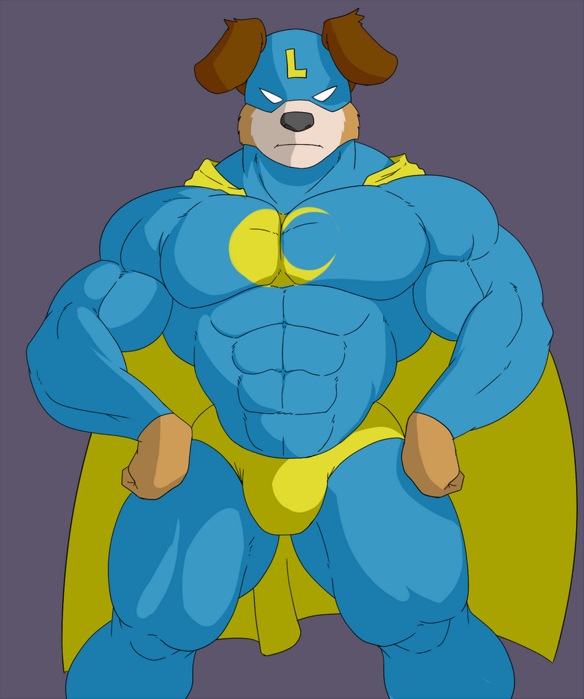 abs anthro big_muscles big_pecs black_nose brown_body brown_fur bulge cape clothing costume crescent_moon frown fur glare hands_on_hips legwear male moon muscular muscular_anthro muscular_arms muscular_male muscular_thighs pecs serious simple_background skin_tight_suit solo superhero thick_neck thick_thighs tight_clothing tights geng lycandog_(geng) canid canine canis domestic_dog mammal 2017 colored hi_res shaded