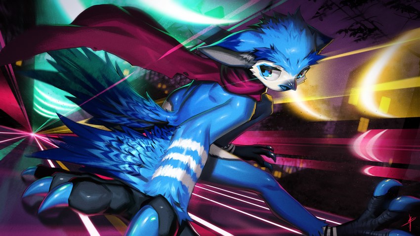 action_pose ambiguous_anthro ambiguous_gender anthro avian_feet beak blue_body blue_claws blue_eyes blue_feathers building casual_exposure claws detailed_background eyebrows feathers foreshortening gameplay_mechanics glistening glistening_claws light_streak looking_back low-angle_view mostly_nude night note_highway open_beak open_mouth outside pose purple_sky rhythm_game scarf scarf_only sky solo speed_lines tail tail_feathers thick_eyebrows winged_arms wings worm's-eye_view blaedic everhood hean avian bird northern_white-faced_owl owl true_owl white-faced_owl 16:9 2023 absurd_res hi_res widescreen