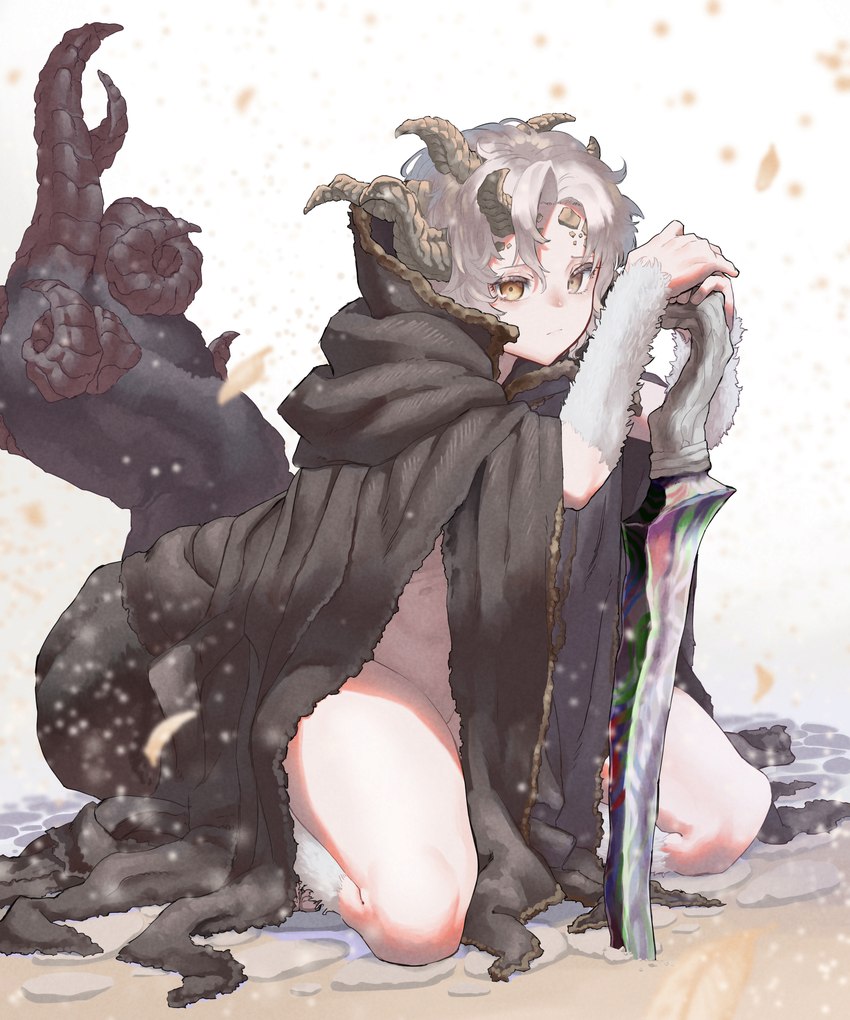 big_tail blush cloak cloak_only clothing crossgender eyelashes female fur hair horn kneeling looking_at_viewer melee_weapon mouth_closed multi_horn short_hair solo sword tail thick_thighs weapon white_body white_fur white_hair ekrea_jan elden_ring fromsoftware margit_the_fell morgott_the_omen_king horned_humanoid humanoid omen_(elden_ring) 5:6 absurd_res hi_res