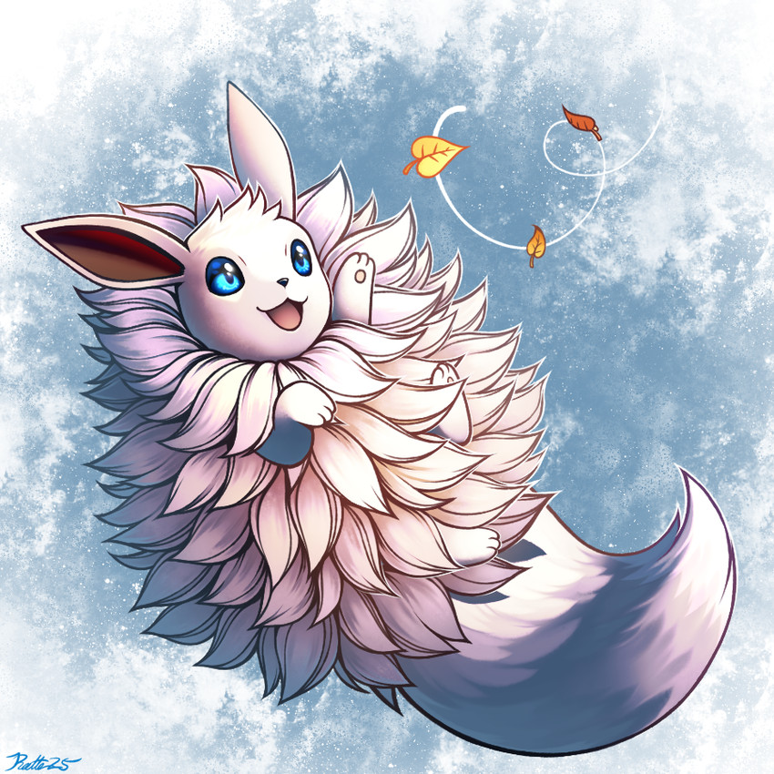 ambiguous_gender blue_eyes fluffy fluffy_tail fur grey_body grey_fur happy leaf lying on_back open_mouth paws poof solo tail conditional_dnp ratte nintendo pokemon eevee generation_1_pokemon pokemon_(species) shiny_pokemon 1:1 2025 signature