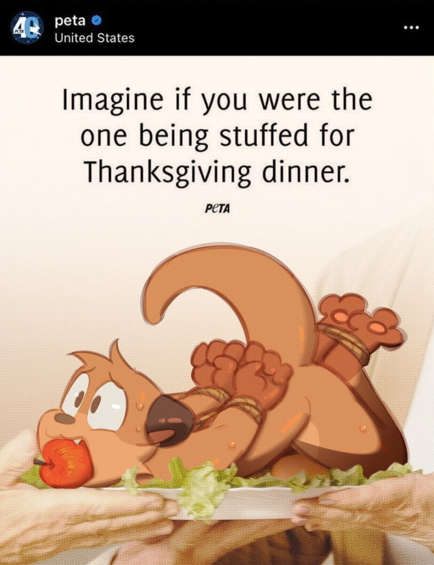 anthro apple_in_mouth arms_tied arms_tied_behind_back bodily_fluids bound feet food holidays legs_tied lettuce male nervous on_plate plant solo sweat text vegetable imkrisyim instagram peta stuffed_for_thanksgiving_meme thanksgiving vtuber chester_the_otter mammal mustelid otter absurd_res english_text hi_res meme