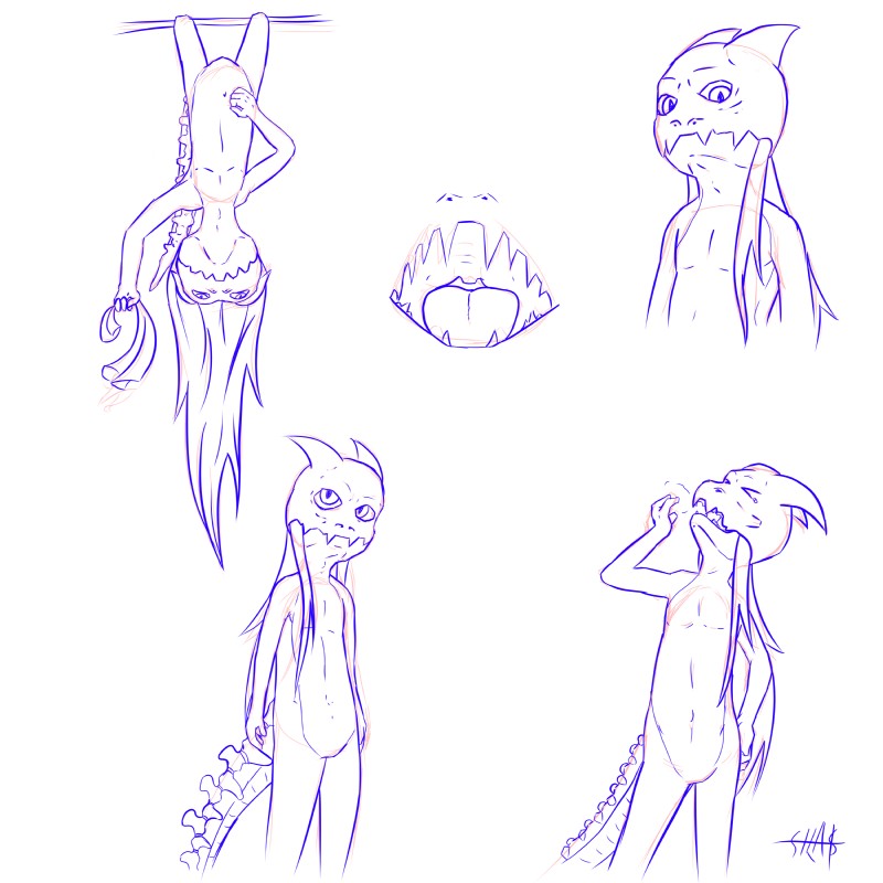 anthro eyes_closed fangs featureless_crotch looking_at_viewer male nude open_mouth simple_background solo teeth tongue upside_down white_background silas_blackwing unknown_species 1:1 absurd_res hi_res multiple_images sketch_page