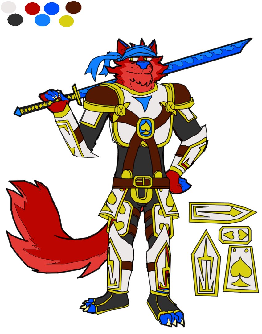 4_fingers anthro armor blue_ears blue_nipples blue_nose blue_pawpads fingers fur gold_(metal) hair heart_symbol katana lava light male melee_weapon nipples pawpads red_body red_fur red_hair smile solo spades_(suit) suit_symbol sword tail text weapon yellow_eyes duqueofdingos duquedingo_(character) canid canine canis dingo mammal digital_media_(artwork) hi_res