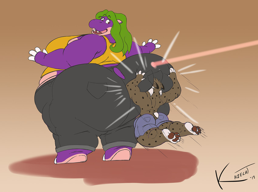 anthro big_butt bottomwear butt clothing denim denim_bottomwear denim_clothing denim_shorts duo female male male/female overweight overweight_female shorts size_difference kazecat bertha_(kazecat) kazecat_(character) common_hippopotamus felid feline hippopotamid lynx mammal