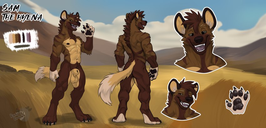 animal_genitalia anthro athletic balls brown_body brown_fur close-up fur genitals male one_eye_closed pallet paws savanna sheath solo wink panpy_draws sam_the_hyena hyena mammal headshot_portrait hi_res model_sheet portrait