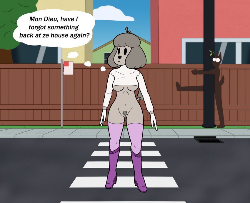 ambiguous_gender anthro black_eyes boots bottomless breasts clothed clothing cloud detailed_background duo female footwear french frown genitals high_heeled_boots high_heels innie_pussy leggings legwear pubes public public_exposure pussy road sewer_grate shoes sidewalk silhouette sky street_lamp text thigh_highs thought_bubble 39coit cotton_head canid canine canis domestic_dog mammal poodle 2022 english_text hi_res