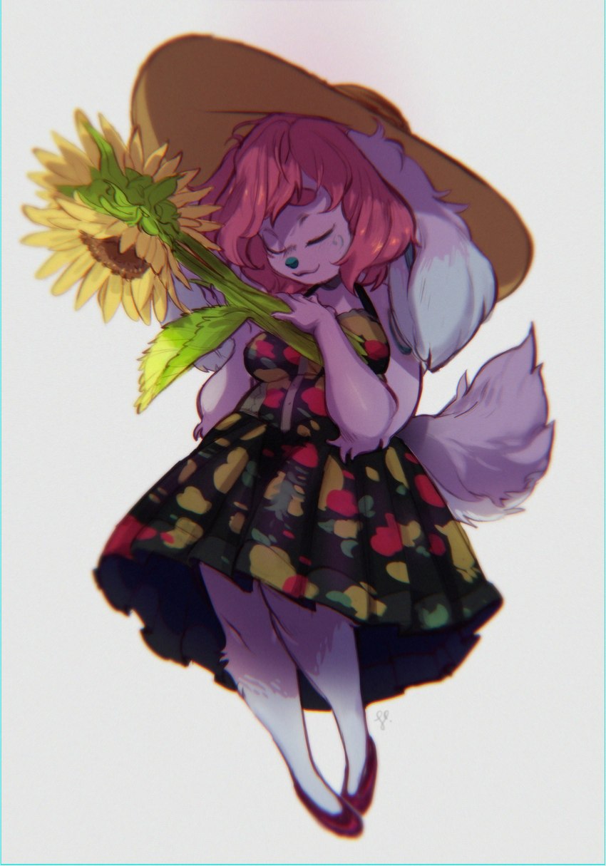 anthro breasts clothed clothing dress eyes_closed female flower footwear fully_clothed hair hat headgear headwear holding_flower holding_object holding_sunflower pink_hair plant shoes simple_background smile solo sun_hat sunflower white_background indigo_cho lagomorph leporid mammal rabbit 2018 absurd_res hi_res