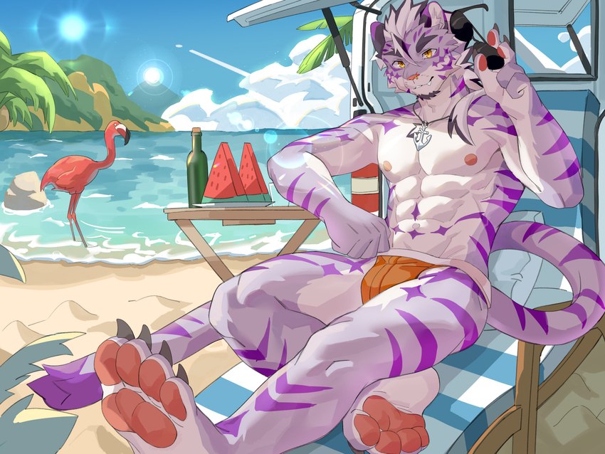 5_fingers abs anthro beach biped claws countershade_face countershade_fur countershade_torso countershading duo eyewear feral fingers food fruit fur inner_ear_fluff kemono male melon muscular muscular_anthro muscular_male pawpads pecs plant pupils purple_body purple_fur seaside slit_pupils striped_body striped_fur stripes sunglasses tail tropical tuft watermelon watermelon_slice yellow_eyes joeyzliaotang sadiend avian bird felid flamingo mammal pantherine tiger 4:3 absurd_res hi_res