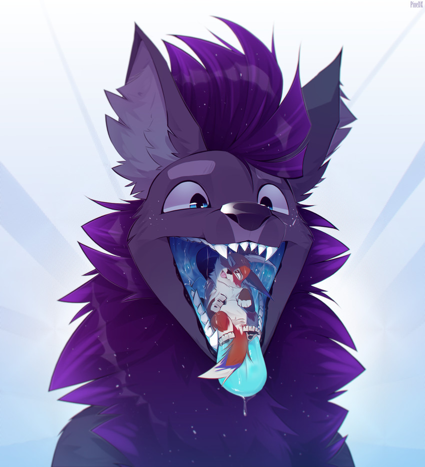 anthro black_body black_fur blue_insides blue_mouth blue_tongue bodily_fluids drooling duo fur glowing glowing_tongue hair male male/male mane mane_hair mawplay micro mouth_shot on_tongue open_mouth oral_vore purple_hair red_body red_fur saliva simple_background size_difference smile soft_vore teeth tongue tongue_out vore white_body white_fur pinedx razz_(shinyumbra) sol_(luvdiz) canid canine canis dipodid jerboa mammal rodent wolf hi_res male_(lore)