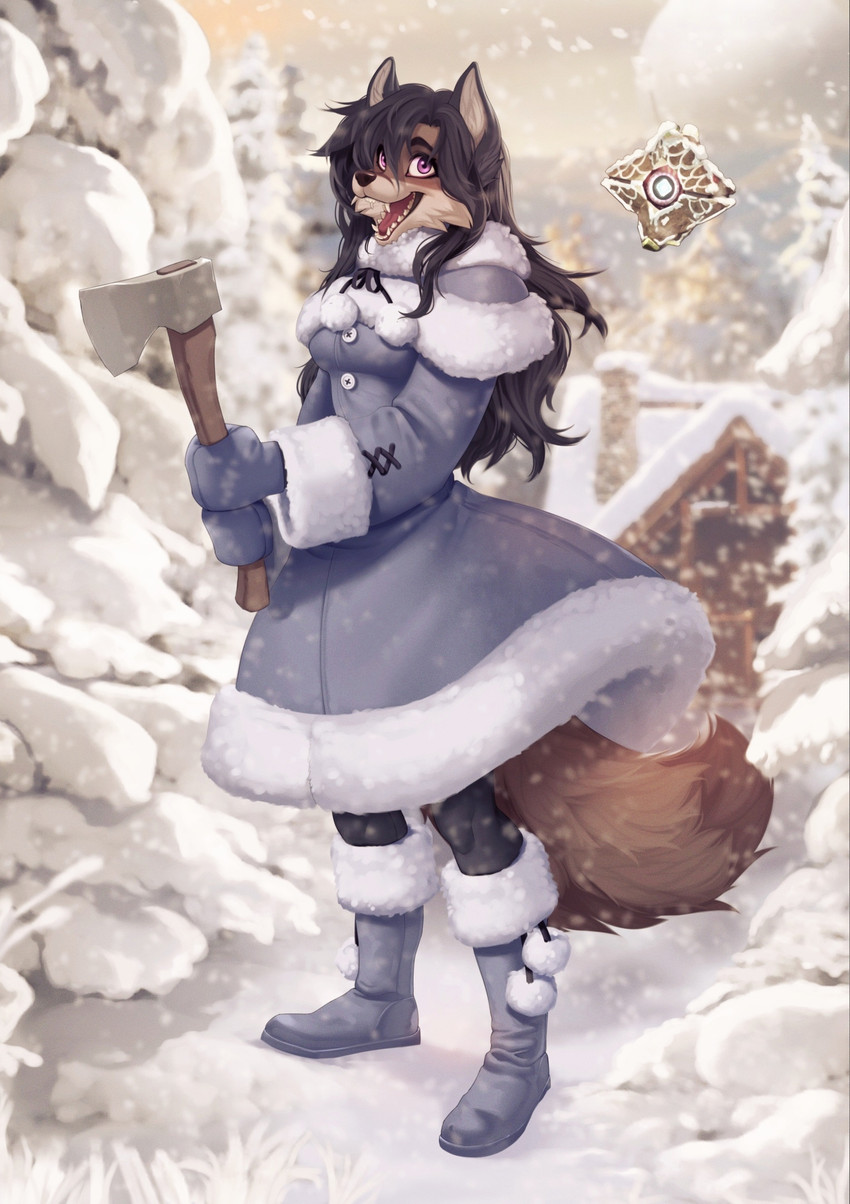 anthro axe big_breasts black_hair boots breasts brown_body brown_fur cabin clothed clothing detailed_background eyelashes felling_axe female floating_object footwear fur gloves hair handwear holidays long_hair melee_weapon mountain open_mouth open_smile purple_eyes shoes smile snow solo teeth tongue weapon winter deymos christmas destiny_(video_game) destiny_2 kyla_gray_(zardoseus) canid canine fox ghost_(destiny) grey_fox mammal urocyon digital_media_(artwork) hi_res