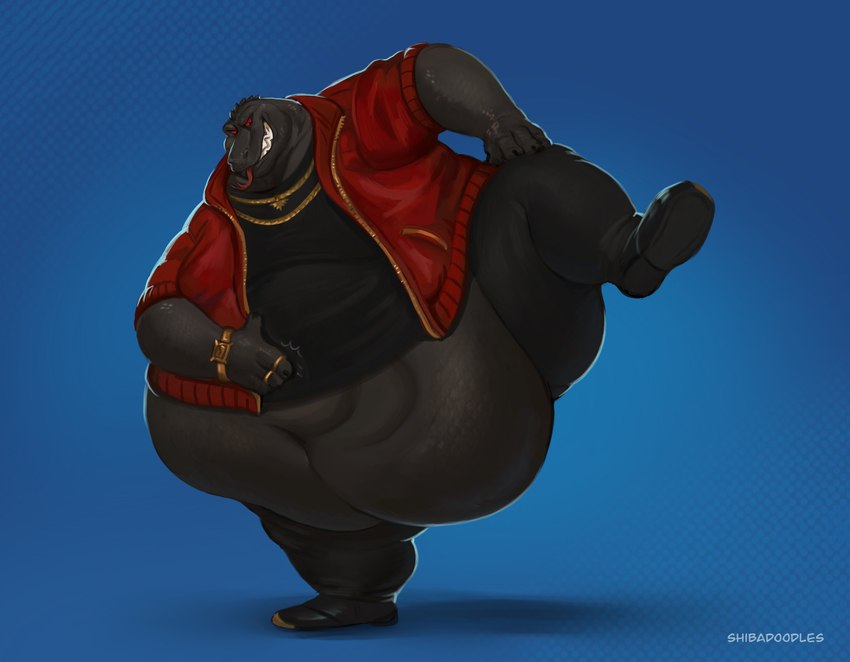 anthro belly belly_overhang belly_slap big_belly black_body bottomwear bracelet chain clothed clothing fat_rolls footwear gold_(metal) gold_bracelet gold_chain gold_jewelry gold_necklace gold_ring hand_on huge_belly hyper hyper_belly jacket jewelry male moobs morbidly_obese navel necklace obese obese_anthro obese_male on_one_leg overweight overweight_anthro overweight_male pants raised_leg red_eyes shirt shoes simple_background slap slapping_own_belly slapping_self solo standing sumo tongue tongue_out topwear shibadoodles epic_games fortnite thunder_(fortnite) komodo_dragon lizard monitor_lizard reptile scalie 2024 absurd_res hi_res