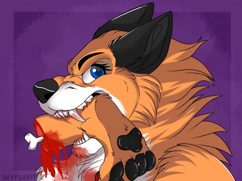 anthro blood blue_eyes bodily_fluids bone female fur gore hard_vore orange_body orange_fur severed_body_part severed_foot severed_limb sharp_teeth solo teeth violence vore skyfox911 judy_reinard canid canine fox mammal red_fox true_fox 4:3 absurd_res hi_res