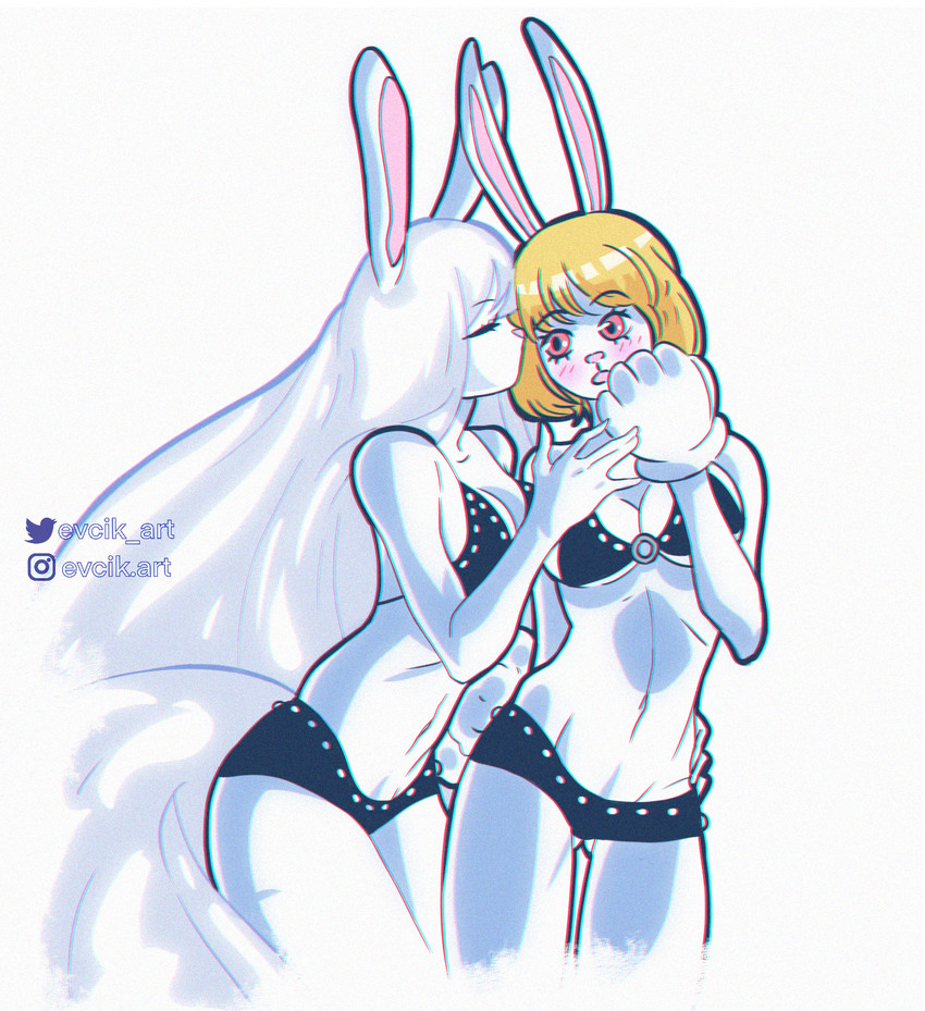 anthro bikini blush clothing dual_persona duo female female/female fur gloves handwear selfcest square_crossover swimwear two-piece_swimsuit white_body white_fur evcik one_piece carrot_(one_piece) sulong_carrot lagomorph leporid mammal minkmen_(one_piece) rabbit hi_res