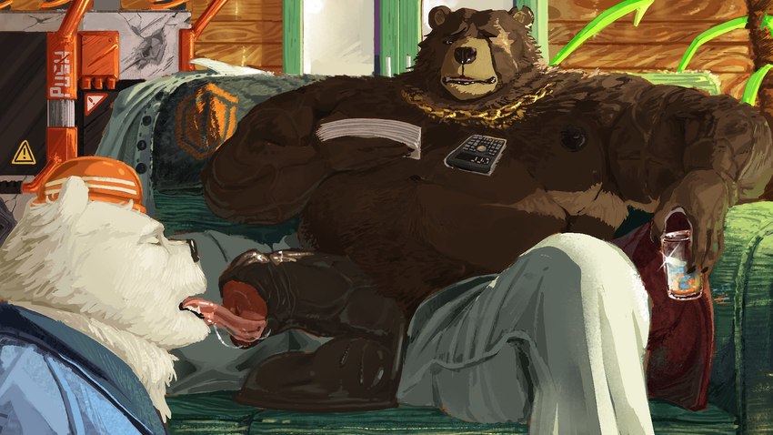 anthro armor ball_squish balls barazoku big_balls big_penis bodily_fluids body_hair brown_body brown_fur chest_hair clothed clothed_sex clothing construction_worker detailed_background duo erection facial_scar foreskin foreskin_play fur furniture genital_fluids genitals glistening glistening_body glistening_genitalia glistening_penis happy_trail hard_hat headgear helmet humanoid_genitalia humanoid_penis licking male male/male manly missing_eye musclegut muscular muscular_male nipples oral overweight overweight_male penile penis penis_lick precum pubes saggy_balls saliva saliva_string scar sex shirt sitting sofa spread_legs spreading squish stocky tank_top tongue tongue_in_foreskin topless topless_male topwear white_body white_fur avalath_tiger mihoyo zenless_zone_zero ben_bigger mishka_(zenless_zone_zero) bear mammal polar_bear ursine 16:9 hi_res widescreen