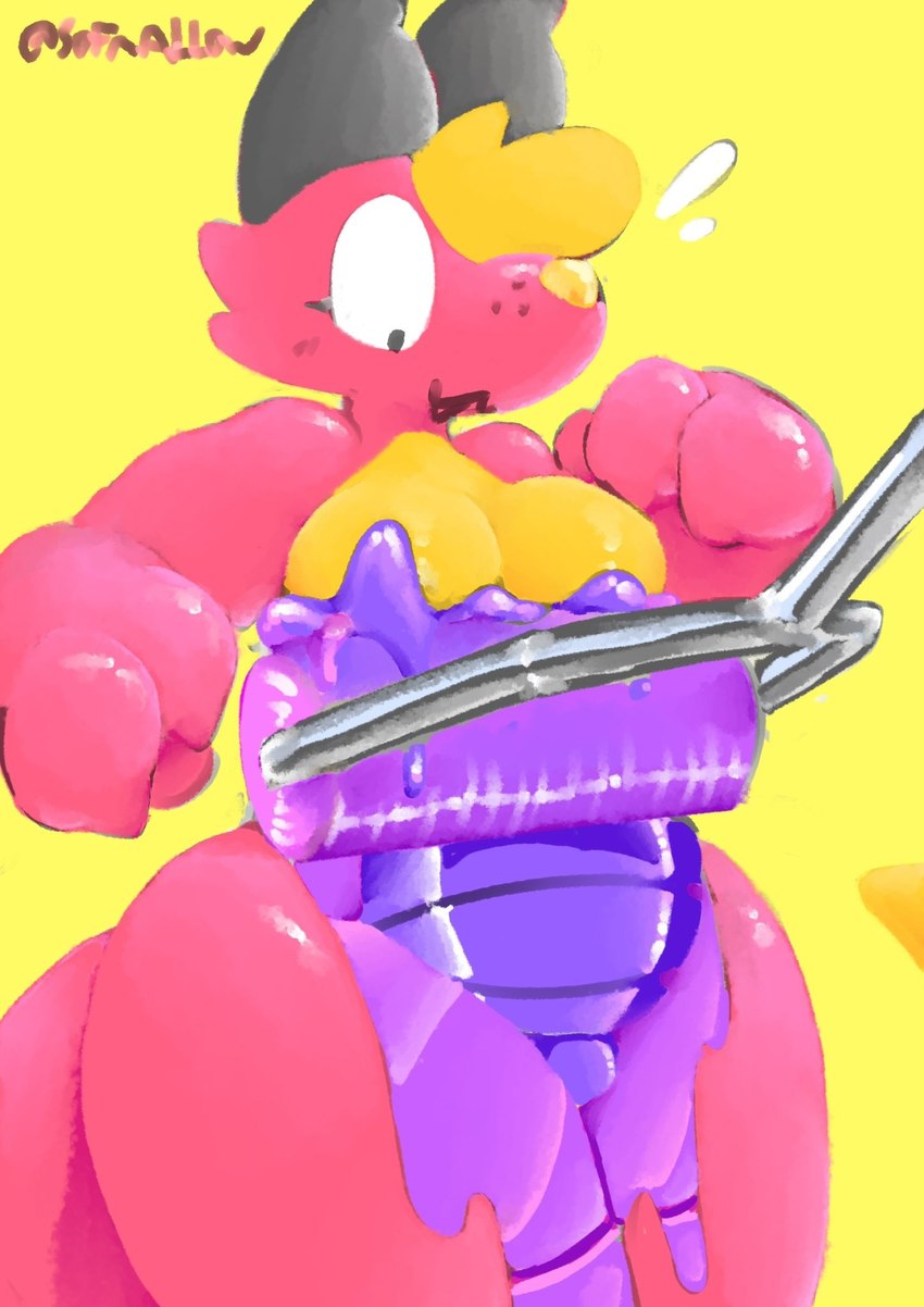 anthro breasts female glistening glistening_body goo_transformation grey_ears head_tuft looking_down nude paint paint_roller paws pink_body purple_goo purple_paint simple_background solo surprised_expression thick_thighs transformation tuft yellow_background yellow_chest yellow_nose sofmallow liliko_(sofmallow) kangaroo macropod mammal marsupial hi_res