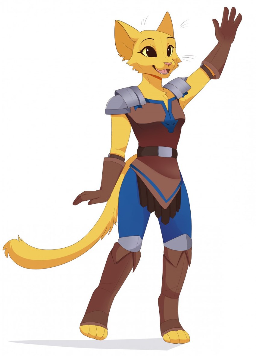 4_toes anthro armor clothed clothing digitigrade feet female footwear fur gesture gloves handwear open_mouth pauldron simple_background smile solo toeless_footwear toes waving white_background yellow_body yellow_fur feve microsoft prequel_adventure the_elder_scrolls katia_managan felid khajiit mammal 2019 hi_res