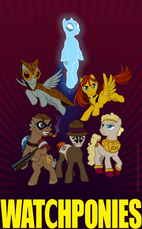 alternate_species blue_eyes cigar clothing collar cutie_mark eyewear feathered_wings feathers female feral goggles grey_body grey_feathers group gun hair male mask ponification quadruped ranged_weapon red_hair shotgun smoking tail text weapon wings yellow_body yellow_feathers rainbow_brush hasbro my_little_pony mythology watchmen doctor_manhattan nite_owl ozymandias rorschach silk_spectre the_comedian earth_pony equid equine horse mammal mythological_creature mythological_equine pegasus pony crossover english_text hi_res