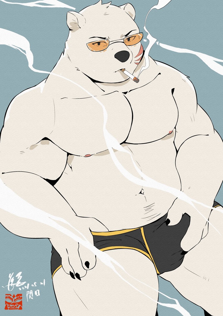 anthro black_boxer_briefs black_clothing black_nose black_underwear blue_background boxer_briefs boxer_briefs_only bulge bulge_fondling clothed clothing erection erection_under_clothing eyewear facial_scar fur glasses holding_bulge humanoid_hands kemono male monotone_body monotone_fur moobs musclegut muscular muscular_anthro muscular_male nipples scar simple_background slightly_chubby smoking solo topless underwear underwear_only white_body white_fur jmeo1230 odd_taxi sekiguchi_(odd_taxi) bear mammal polar_bear ursine 2021 hi_res