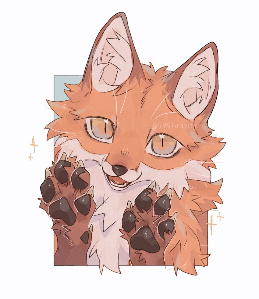 ambiguous_gender claws feet feral fluffy foot_focus fur inner_ear_fluff looking_at_viewer open_mouth orange_body orange_fur pawpads paws simple_background solo sparkles teeth tongue tuft whiskers yellow_eyes 999gravity canid canine fox mammal 2025 hi_res signature