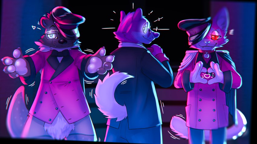 4_fingers anthro biped black_nose blue_nose bottomless clothed clothing collar eyewear fingers fur glasses glowing glowing_eyes group hat headgear headwear heart_symbol looking_back male pawpads paws pink_body pink_fur red_eyes simple_background suit uniform valet white_body sexotheque sexotheque_(copyright) august_(meowmcmeow) laguna_crale otterpop_(character) badger domestic_cat felid feline felis mammal mustelid musteline otter 16:9 2022 4k absurd_res digital_media_(artwork) hi_res widescreen