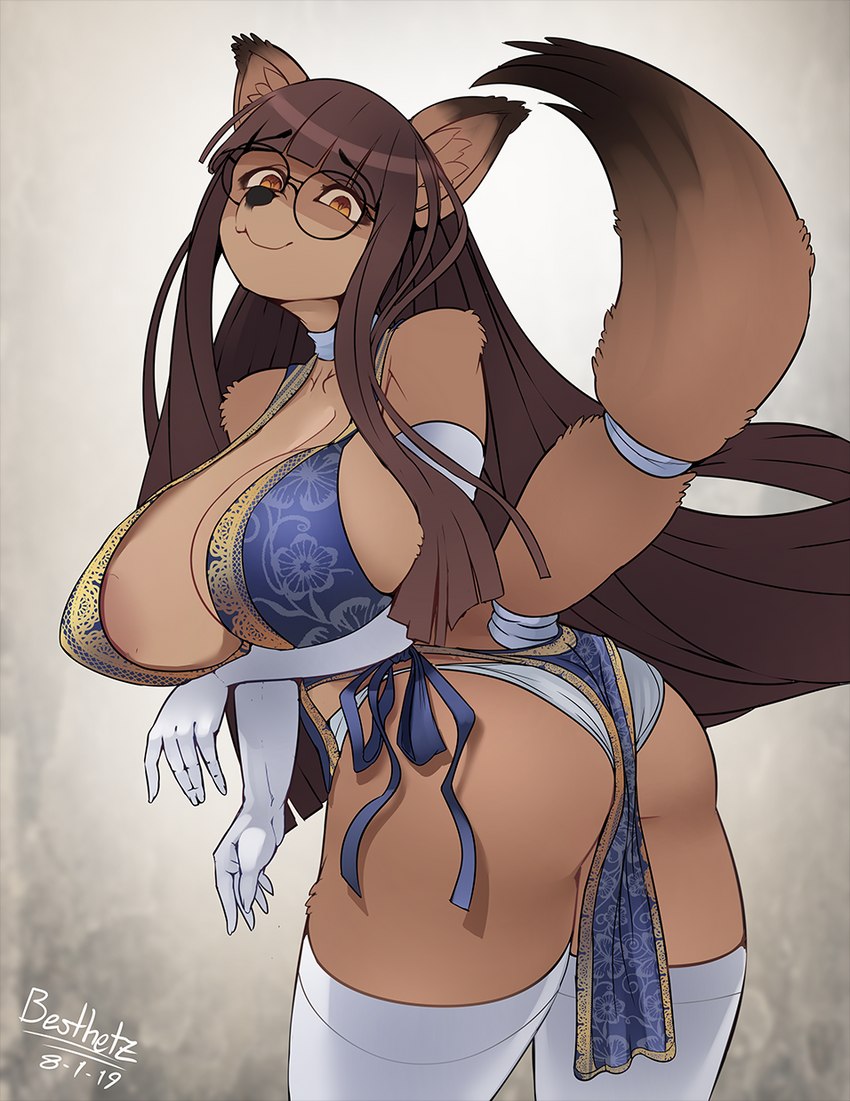 anthro armwear backless_clothing backless_dress bangs big_breasts breasts brown_body brown_fur brown_hair butt clothed clothing dress elbow_gloves eyewear female fur fusion glasses gloves hair handwear huge_breasts kemono legwear long_hair looking_at_viewer no_bra panties raised_tail side-tie_clothing side_slit side_slit_clothing side_slit_dress sideless_clothing sideless_dress simple_background smile solo standing tail thigh_highs underwear white_clothing white_gloves white_handwear white_panties white_underwear besthetz ankama atlus fatal_fury megami_tensei megami_tensei_persona persona_(series) persona_5 sega wakfu futaba_sakura mai_shiranui miranda_(wakfu) canid canine mammal 2019 hi_res