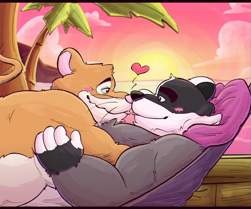 anthro beach black_body black_nose blush brown_body duo hammock kissing male male/male nose_kiss overweight overweight_male palm_tree pink_nose plant sunset tree white_body 06junior11 brok_the_investigator cowcat_games badger_(brok_the_investigator) vole_(brok_the_investigator) badger cricetid mammal mustelid musteline rodent vole 2025 6:5 absurd_res hi_res letterbox