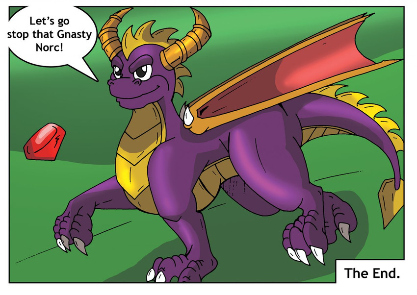 after_transformation all_fours black_eyes claws dialogue feral gem hair horn male purple_body simple_background smile solo speech_bubble spikes tail text wings yellow_body rex_equinox activision mythology spyro_the_dragon spyro dragon mythological_creature mythological_scalie scalie english_text