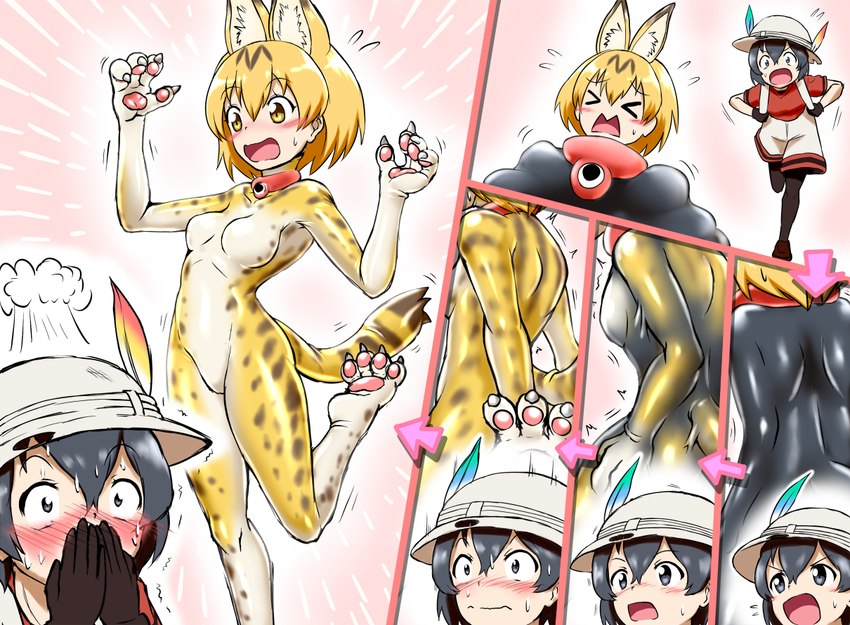 blonde_hair blush bodily_fluids breasts clothed clothing duo featureless_breasts featureless_crotch female hair hat headgear headwear inner_ear_fluff latex on_one_leg open_mouth pawpads standing surprise sweat transformation transformation_sequence tuft yellow_eyes omoi kemono_friends kaban-chan serval-chan animal_humanoid felid felid_humanoid feline feline_humanoid human humanoid mammal mammal_humanoid serval_humanoid 2019 sequence