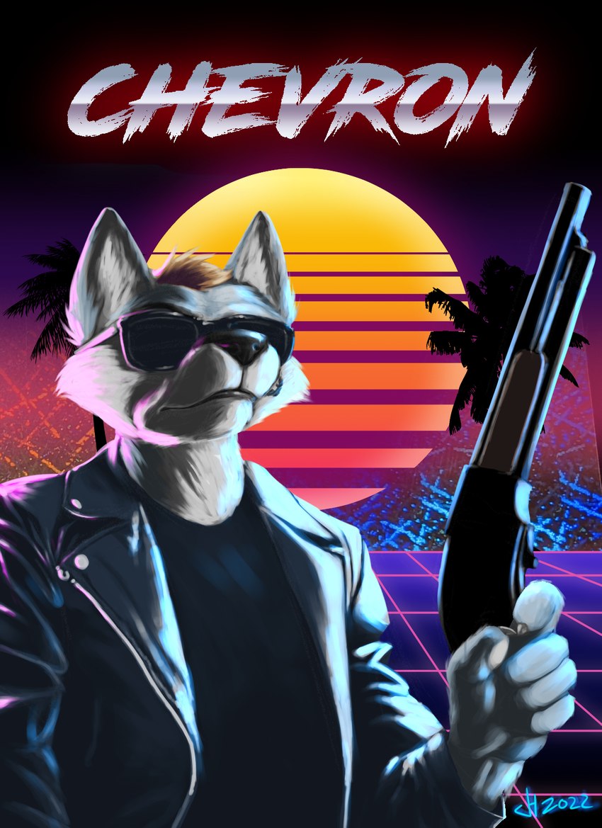 anthro badge clothed clothing cybernetics eyewear gun holding_object holding_weapon jacket leather leather_clothing leather_jacket leather_topwear machine male open_clothing open_jacket open_topwear palm_tree plant ranged_weapon retro shotgun solo sunglasses synthwave topwear tree weapon iron_raptor terminator_(franchise) terminator_gun_pose_(meme) the_terminator_(terminator) android canid canine canis cyborg mammal robot t-800_series_(terminator) terminators_(terminator) wolf hi_res meme