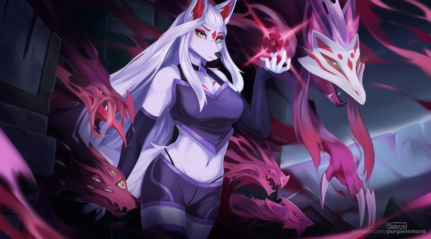 anthro armwear bottomwear breasts clothed clothing elbow_gloves female fur gloves group hair handwear head_markings legwear long_hair markings navel red_markings shorts standing text thigh_highs white_body white_fur white_hair yellow_eyes purplelemons satomi_(purplelemons) canid canine demon fox mammal digital_media_(artwork) hi_res shaded url