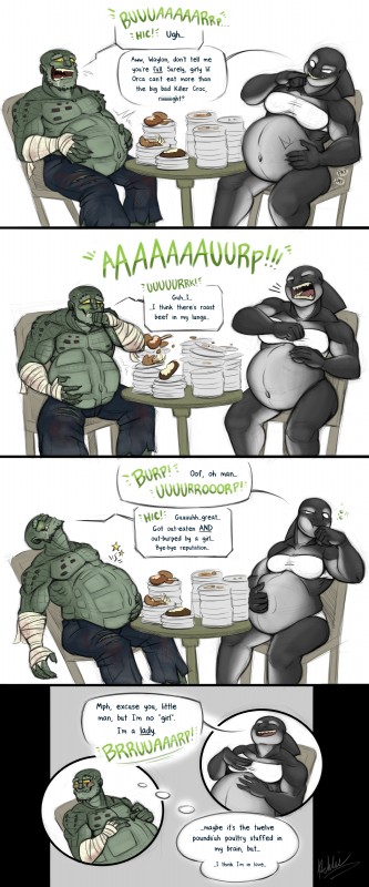 anthro belly biceps big_belly bottomwear bra burping chair clothing female food furniture hand_wraps male muscular muscular_female navel nipples overweight pants pecs stuffing table teeth text underwear wraps rchlisnomsome dc_comics killer_croc orca_(dc) cetacean crocodile crocodilian crocodylid dolphin killer_orca mammal marine oceanic_dolphin orca reptile scalie toothed_whale plates_(disambiguation) absurd_res comic english_text hi_res