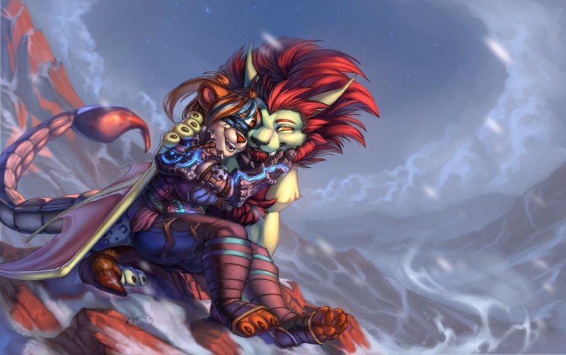 anthro detailed_background duo female feral hair male membrane_(anatomy) membranous_wings night open_mouth orange_sclera outside red_hair sky star starry_sky teeth wings yellow_eyes ulitochka blizzard_entertainment warcraft bear chimera felid hybrid mammal pandaren red_pandaren windrider wyvern_(warcraft) 2017 digital_media_(artwork) hi_res