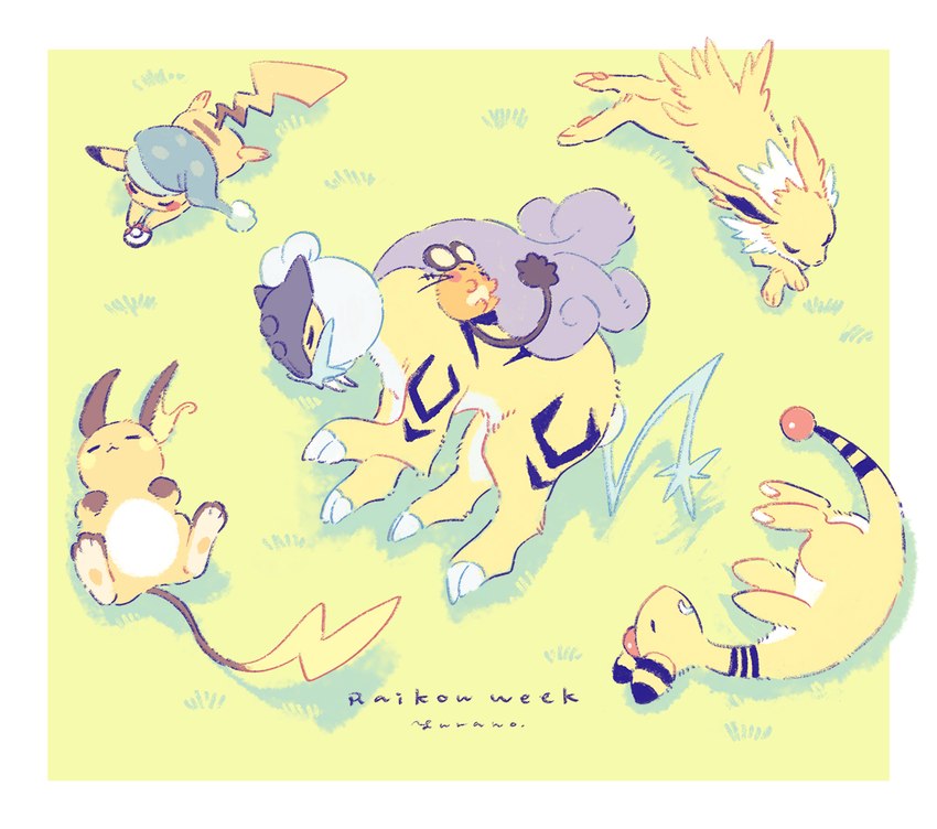 ambiguous_gender anthro claws eyes_closed feral fur group lying on_back on_front on_grass on_side open_mouth orange_body orange_fur pawpads paws sleeping sleeping_on_another sleeping_together tail text tusks yellow_body yellow_fur yura_inaho nintendo pokemon pokemon_sleep ampharos dedenne eeveelution generation_1_pokemon generation_2_pokemon generation_6_pokemon jolteon legendary_pokemon mammal murid pikachu pokemon_(species) raichu raikou rodent 2024 english_text signature