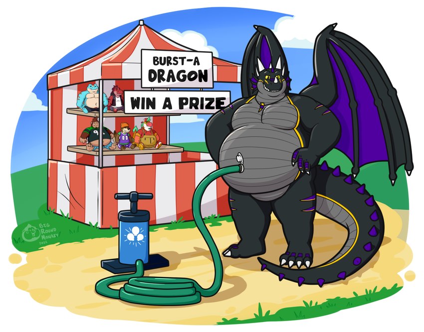 air_inflation air_pump belly black_wings carnival_game circus_tent grass horn hose hose_in_navel hose_inflation implied_inflation implied_popping inflation logo membrane_(anatomy) membranous_wings plant plushie purple_spikes tail text wings chubbygero mythology zaelgolin_valturis dragon mythological_creature mythological_scalie scalie 2022 artist_logo artist_name dated