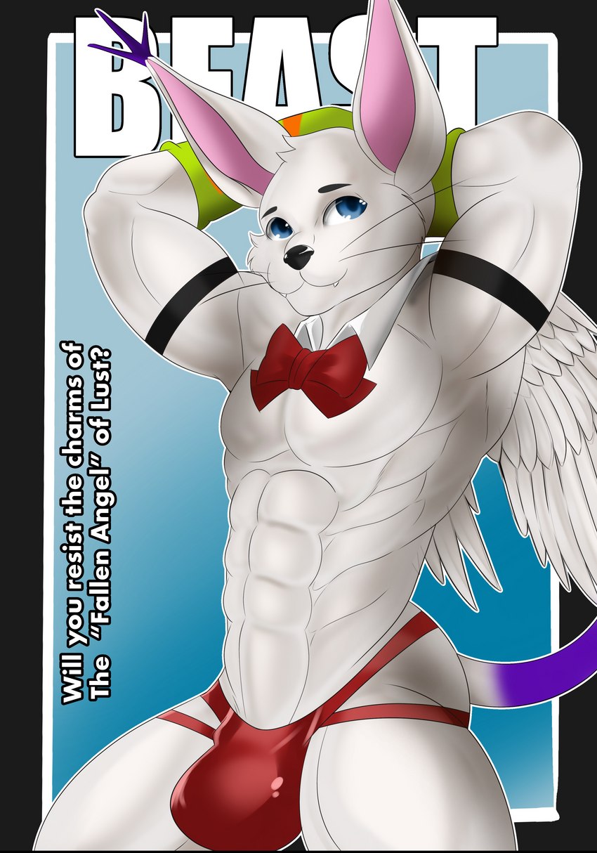 anthro bow_tie bulge clothing feathered_wings feathers fictional_magazine_cover fur gloves handwear jockstrap looking_at_viewer magazine male modelling muscular muscular_anthro muscular_male porn_cover porn_magazine pornography pose solo text underwear whiskers white_body white_fur wings checkhoff bandai_namco beast_magazine digimon angelgatomon_(angelgato) angel digimon_(species) domestic_cat felid feline felis gatomon mammal absurd_res cover cover_art cover_page digital_media_(artwork) english_text hi_res magazine_cover