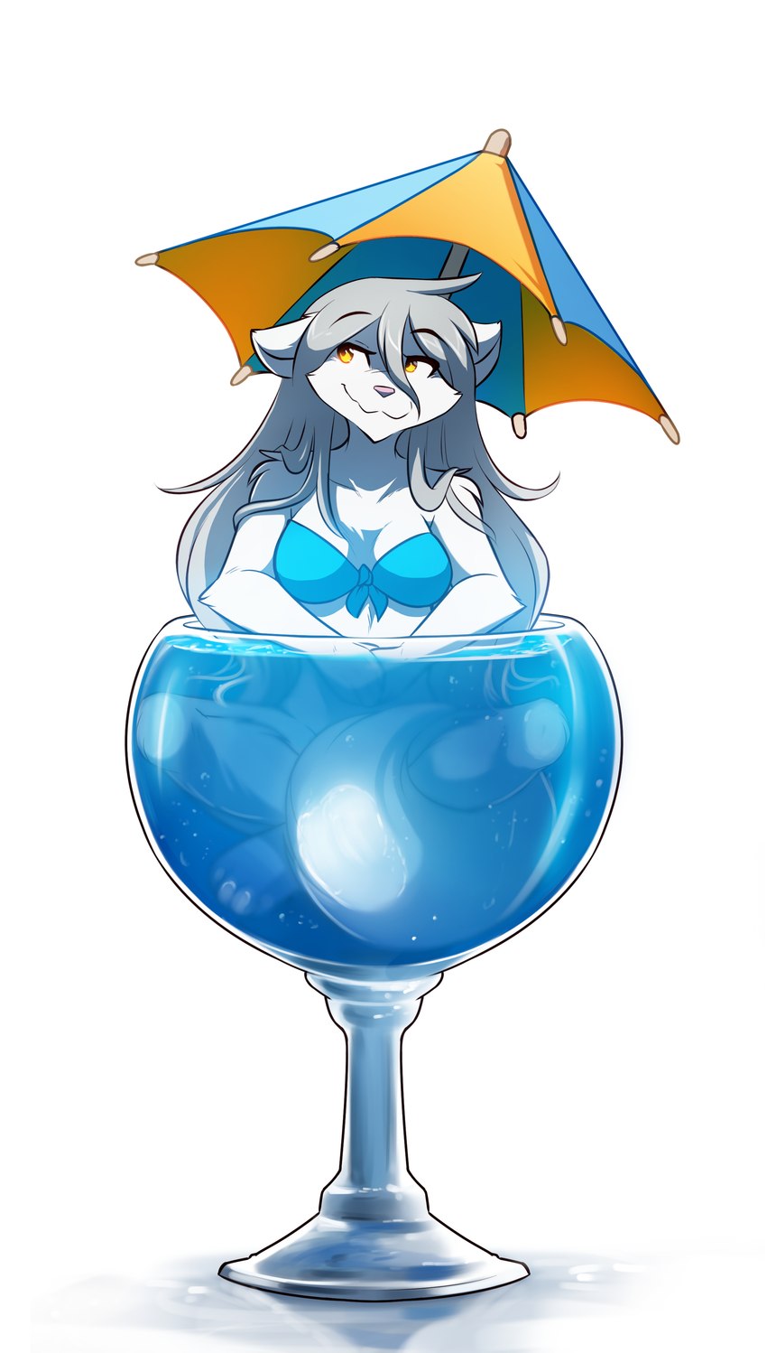 alcohol anthro arm_tuft beverage bikini bikini_top blue_bikini blue_clothing blue_eyes blue_swimwear blush bottomless bubble clothed clothing cocktail cocktail_garnish cocktail_glass cocktail_umbrella colored-in colored-in_version container convenient_censorship cup drinking_glass drunk drunk_bubble female fur glass glass_container glass_cup grey_hair hair in_beverage in_container in_cup long_hair looking_away micro partially_submerged shoulder_tuft simple_background sitting skimpy smile smug solo substance_intoxication swimwear tail tropical tuft two-piece_swimsuit umbrella wet white_body white_fur conditional_dnp tom_fischbach twokinds raine_silverlock canid canine canis keidran mammal wolf 2023 absurd_res adobe_photoshop_(artwork) colored digital_media_(artwork) hi_res shaded