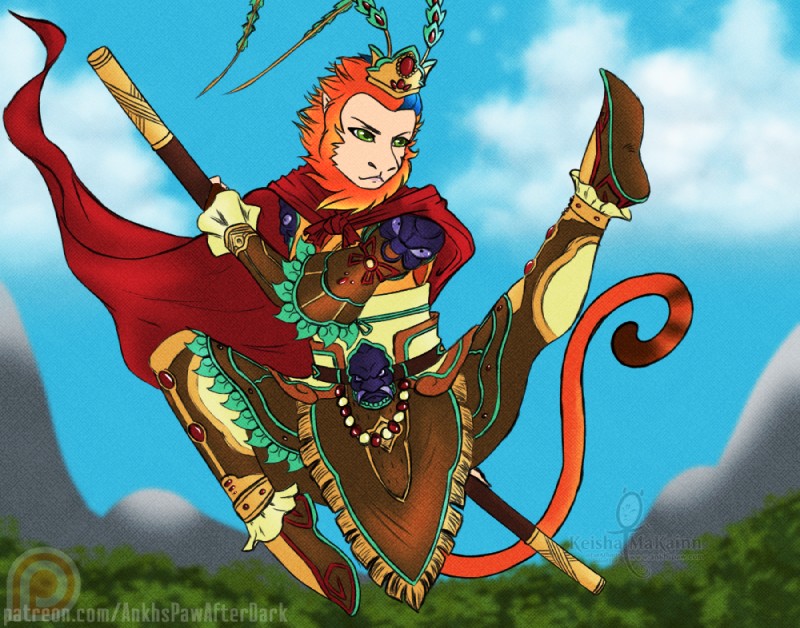 ambiguous_gender anthro armor bo_staff cape cloak clothing cloud crown day female footwear headgear mountain outside patreon_logo patreon_username plant prints raised_leg shoes sky solo text tree weapon website_logo keisha_makainn inkedfur journey_to_the_west patreon nikki_silva sun_wukong callitrichid golden_lion_tamarin haplorhine lion_tamarin mammal monkey new_world_monkey primate distracting_watermark english_text url watermark