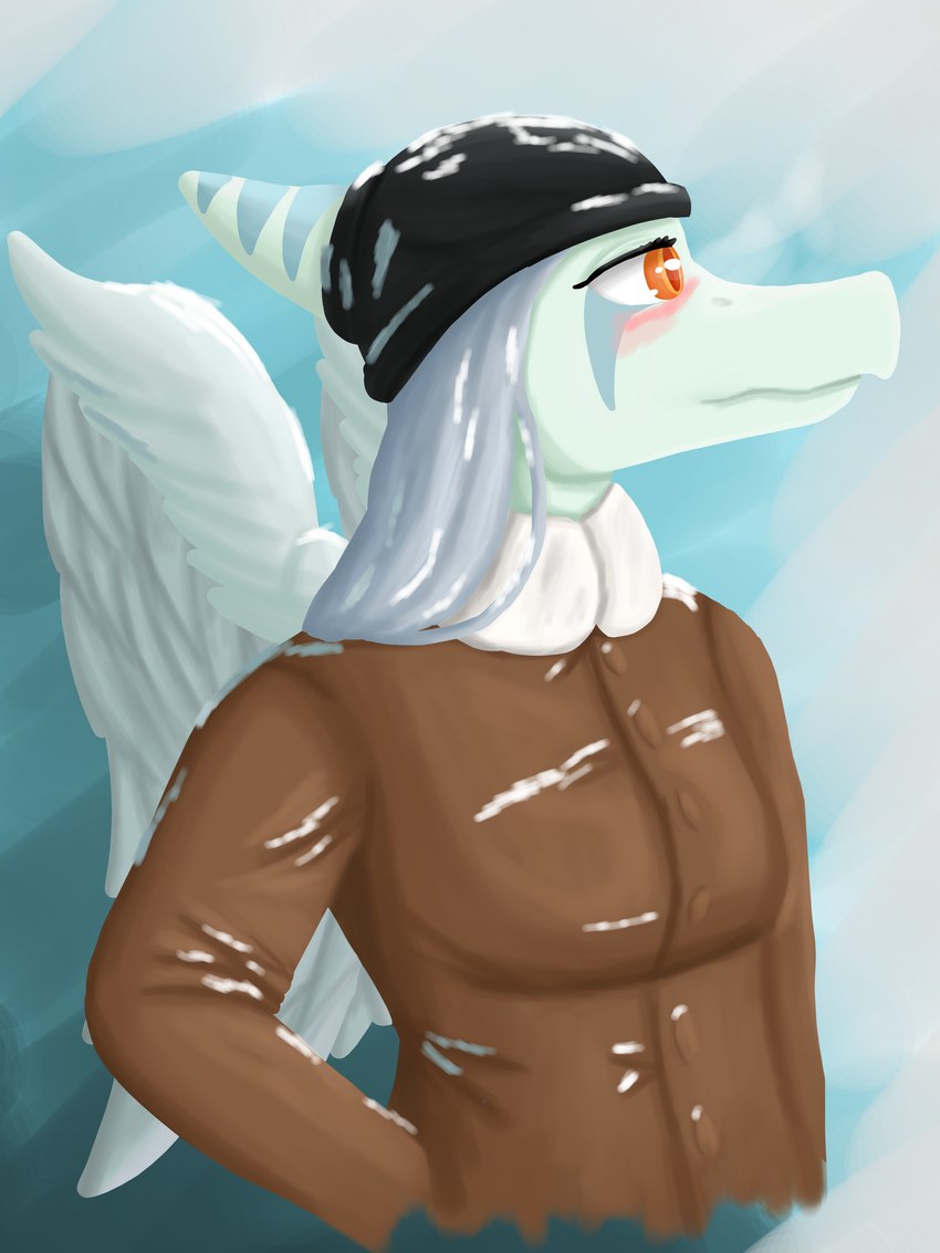 amber_eyes anthro beanie bent_arm biped black_beanie black_clothing black_hat black_headwear blue_body blue_scales blush bone_frill breasts brown_clothing brown_coat brown_topwear clothed clothed_anthro clothed_female clothing coat day feathered_wings feathers female frill_(anatomy) front_view gradient_background grey_hair hair hat head_turned headgear headwear long_hair markings non-mammal_breasts outside scales simple_background snow solo striped_markings stripes topwear white_body white_feathers wings winter winter_coat tyenov goodbye_volcano_high fang_(gvh) prehistoric_species pterodactylus pterosaur reptile scalie 2024 absurd_res colored digital_media_(artwork) half-length_portrait hi_res portrait nonbinary_(lore)