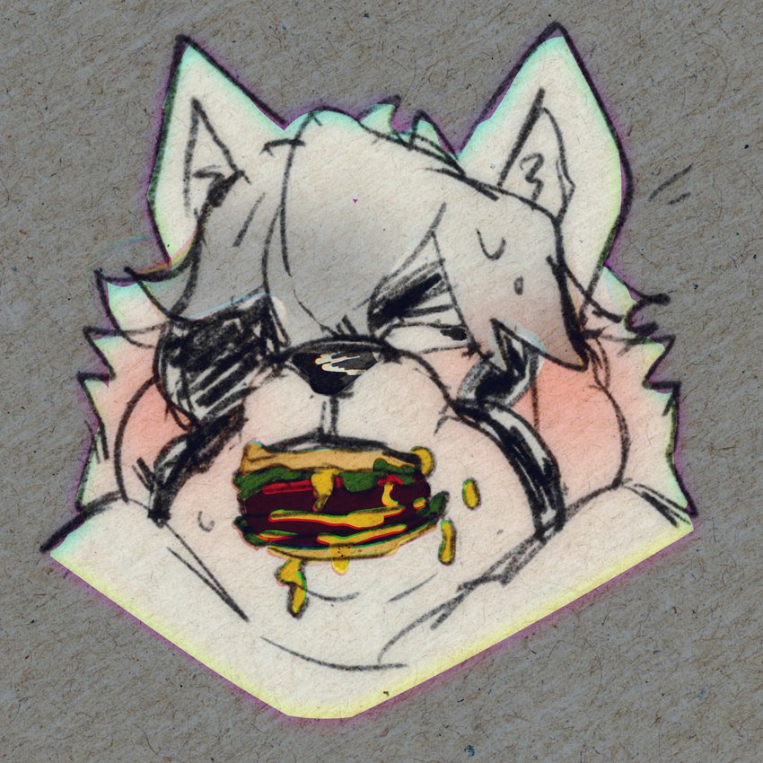 anthro blush burger double_chin eating embarrassed food fur hair male overweight overweight_male solo white_body white_fur white_hair holidaysoftfox mihoyo zenless_zone_zero von_lycaon canid canine mammal 1:1 hi_res