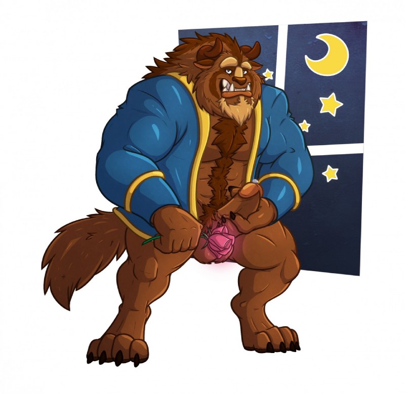 anthro balls erection genitals hairy horn humanoid_genitalia humanoid_penis male masturbation moon penile penile_masturbation penis solo star almasy beauty_and_the_beast disney beast_(disney) mammal hi_res