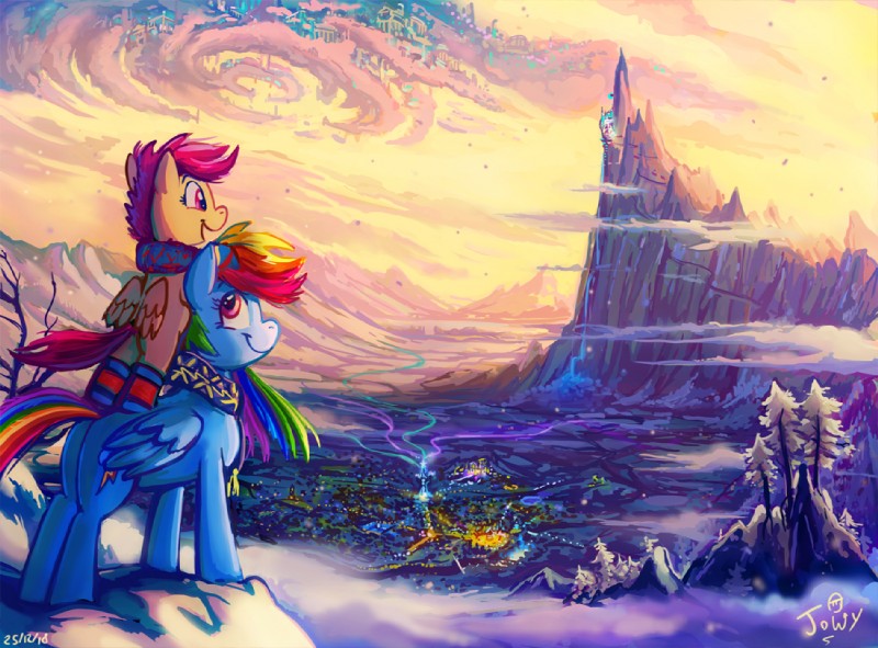 canterlot cloudsdale duo female glowing landscape mountain plant ponyville scarf snow tree wings jowybean friendship_is_magic hasbro my_little_pony mythology rainbow_dash_(mlp) scootaloo_(mlp) equid equine mammal mythological_creature mythological_equine pegasus 2018