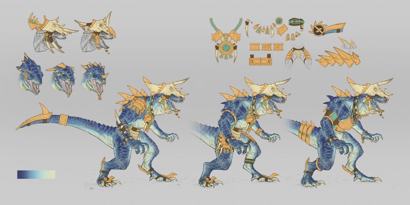 ambiguous_gender anthro armor aztec bone claws clothing open_mouth side_view simple_background skull solo tongue unconvincing_armor rich_carey warhammer_(franchise) warhammer_fantasy lizard lizardman lizardman_(warhammer) reptile saurus scalie hi_res model_sheet official_art