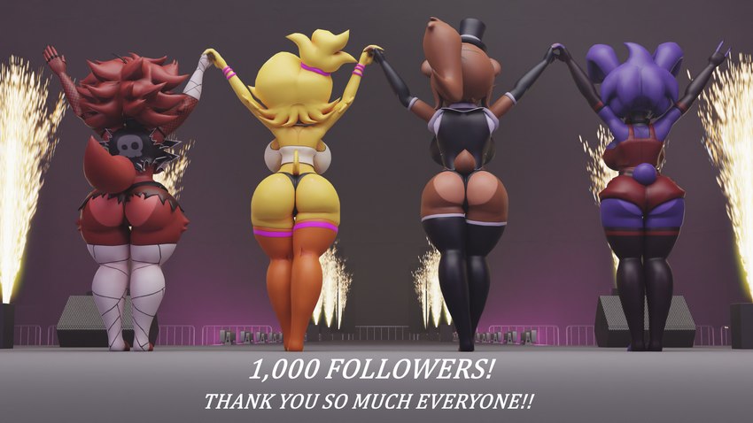 anthro big_breasts big_butt breasts butt clothed clothing crossgender female group hair hat headgear headwear legwear machine mtf_crossgender panties ponytail raised_arms scut_tail short_tail tail text thick_thighs thigh_highs top_hat underwear anonymous_0ne five_nights_at_freddy's fredina's_nightclub scottgames bonnie_(cally3d) bonnie_(fnaf) chica_(cally3d) chica_(fnaf) foxy_(cally3d) foxy_(fnaf) freddy_(fnaf) fredina_(cally3d) animatronic avian bear bird canid canine chicken fox galliform gallus_(genus) lagomorph leporid mammal phasianid rabbit robot 16:9 2023 3d_(artwork) 4k absurd_res digital_media_(artwork) english_text hi_res widescreen