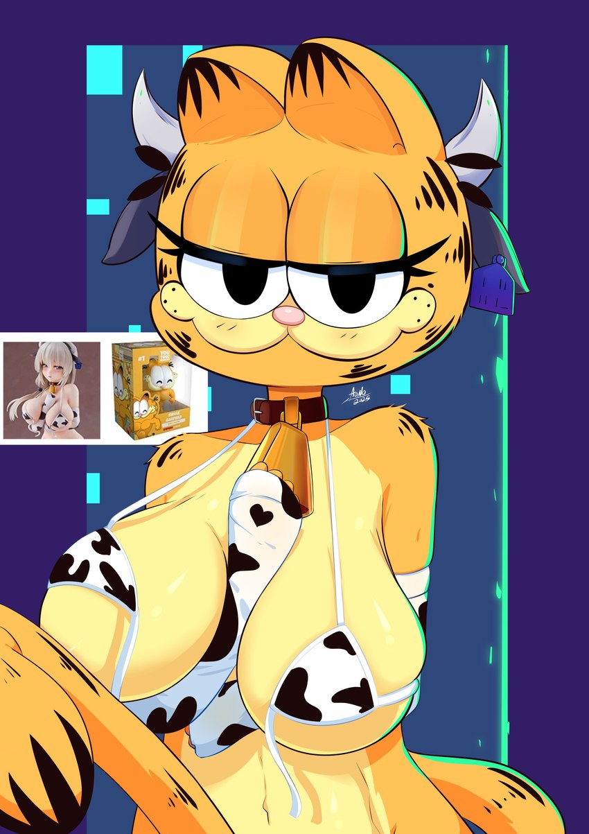 animal_print anthro areola big_breasts big_eyes breast_squish breasts cow_print cowbell crossgender female intersex intersex/female solo squish tail toony aonoexorcist100 cartoon_network garfield_(series) garfield_the_cat domestic_cat felid feline felis humanoid mammal absurd_res hi_res