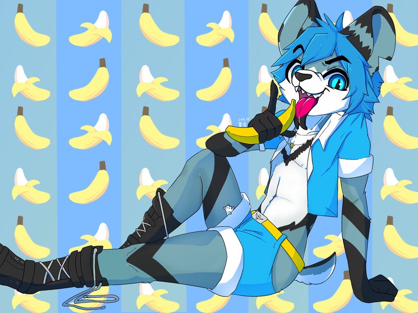 anthro arm_support banana banana_pattern belt black_boots black_clothing black_footwear black_nose black_stripes blue_clothing blue_eyes blue_hair blue_shirt blue_topwear boots bottomwear clothed clothing duo extreme_size_difference feral food food_background footwear forked_tongue fruit fully_clothed hair holding_banana jewelry larger_anthro looking_at_viewer male micro multicolored_tongue necklace notched_ear open_clothing open_mouth open_shirt open_smile open_topwear pattern_background plant pose pupils sharp_teeth shirt shoes shorts side_view simple_background sitting size_difference slit_pupils smaller_feral smile solo_focus striped_background stripes teeth tongue tongue_out topwear two_tone_tongue ricky945 akiya_kamikawa_(character) cricetid hamster mammal mouse murid murine rodent 2018 hi_res portrait