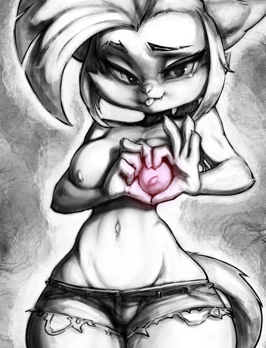 anthro blep bottomwear breasts clothed clothing denim denim_bottomwear denim_clothing denim_shorts female fur hair heart_symbol navel nipples shorts solo tail tongue tongue_out topless thefuckingdevil mammal 2022 hi_res